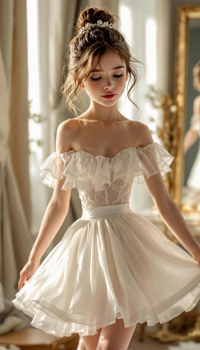 AI generated: cute teen dance in short white shiny elegant chiffon silky ballerina dress in front of mirror in bed...