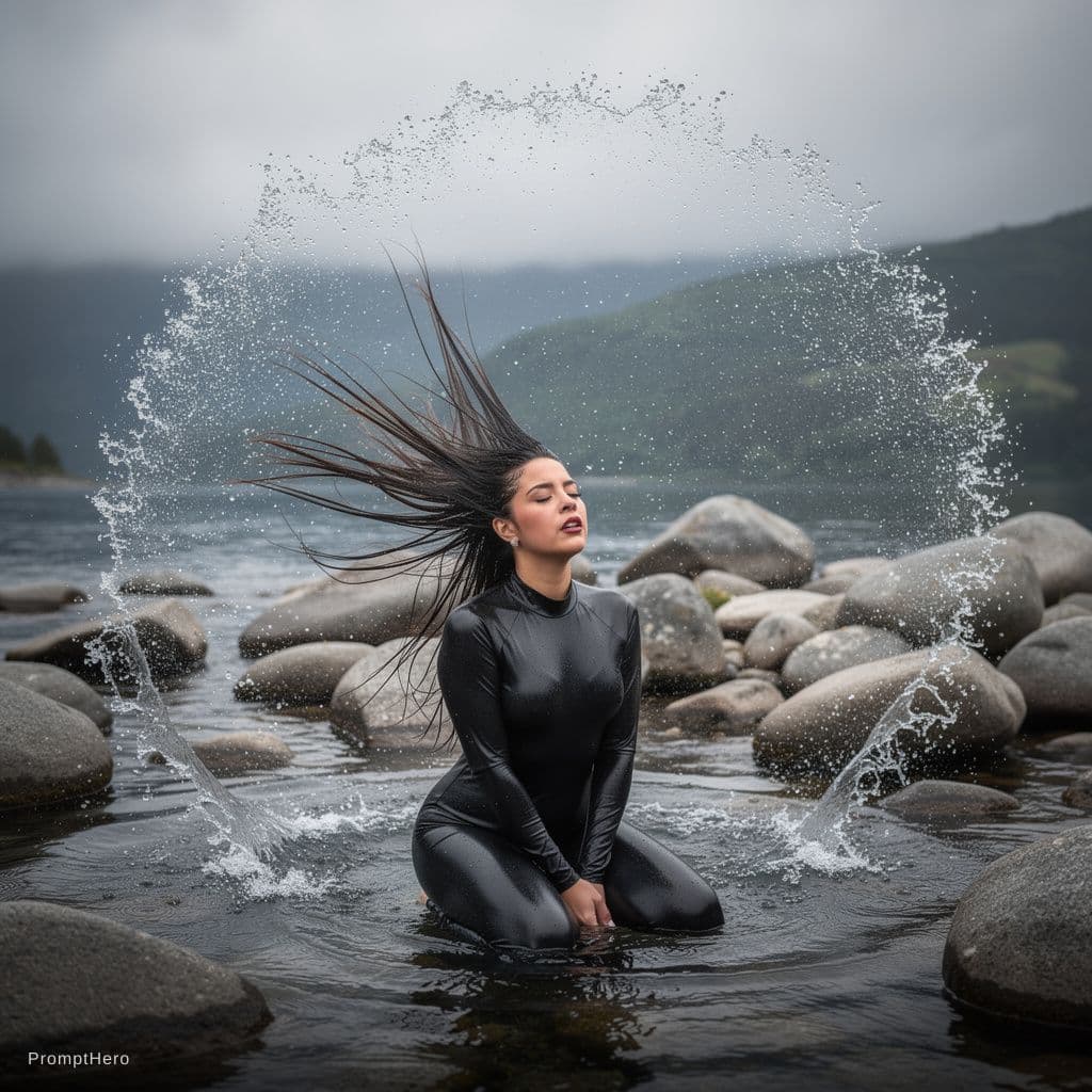 AI generated: A high-shutter-speed photorealistic action portrait of a beautiful woman with long straight dark hai...