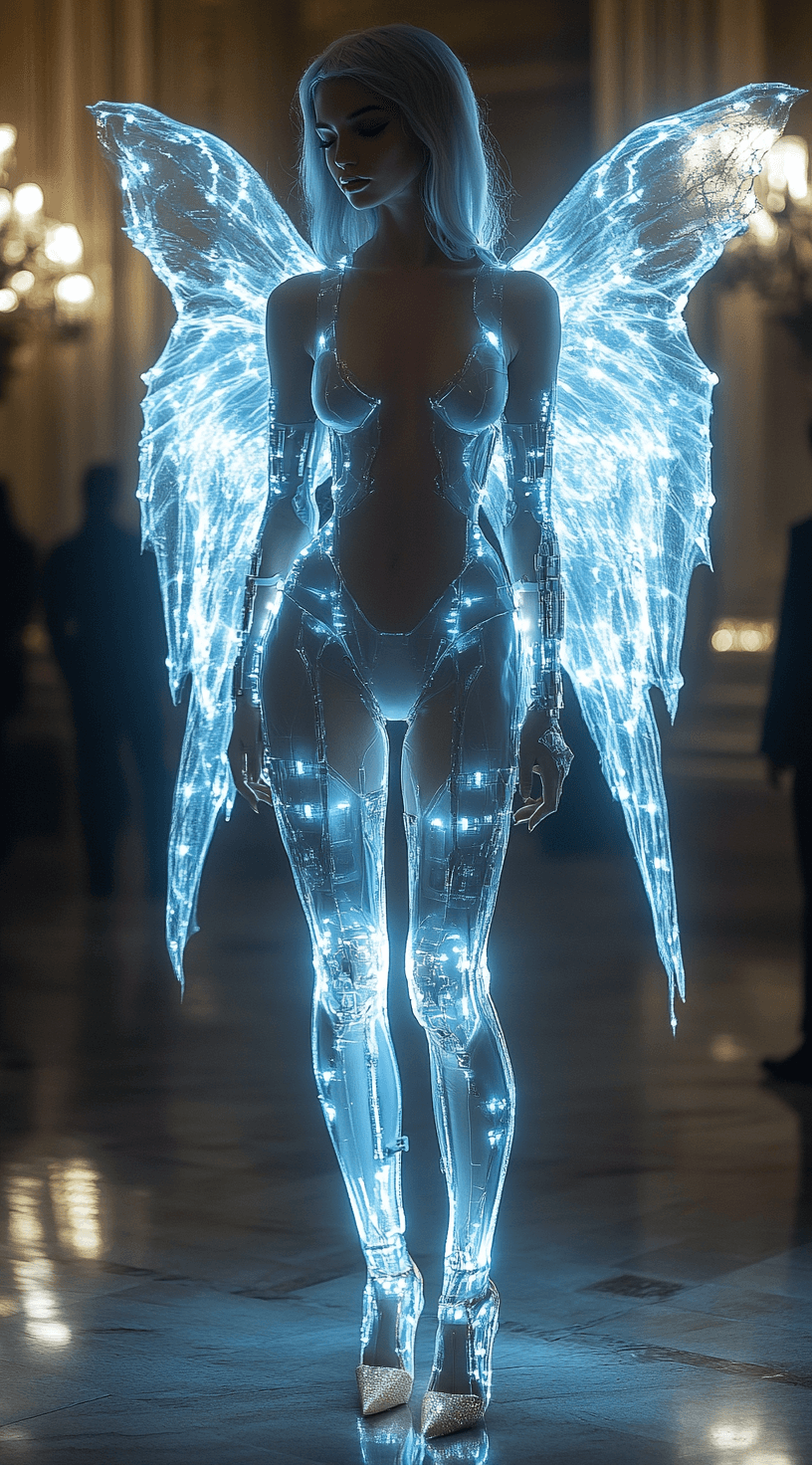 AI generated: Full-body shot of an angelic blue fairy cyborg with porcelain skin, wearing white and gold high heel...