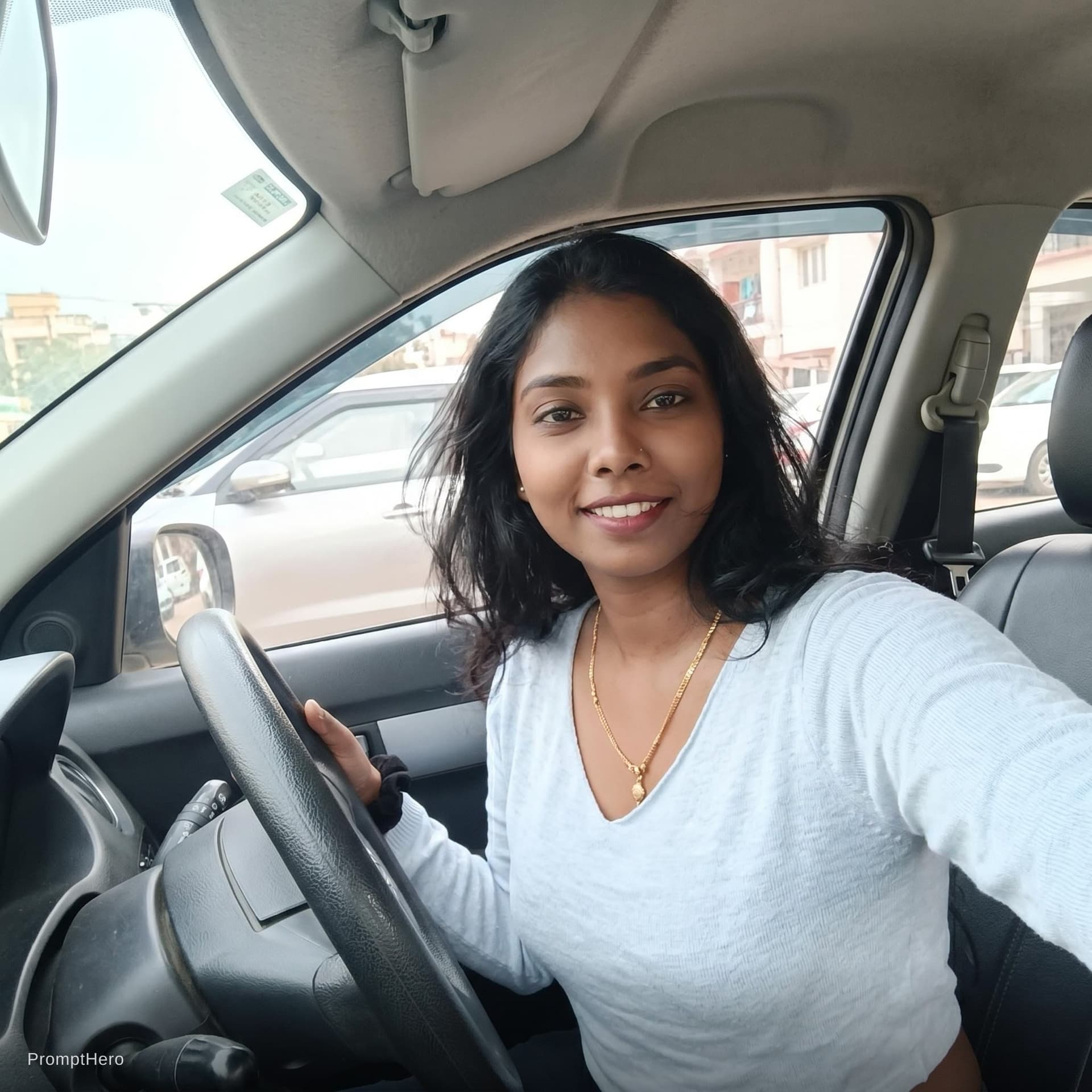 AI generated: this woman, but inside the car in the driver's seat, recording herself in selfie mode