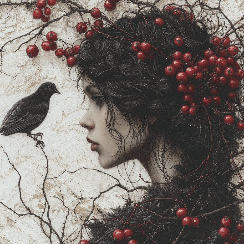 AI generated: grunge, gothic, lace, ink strokes, grace, lots of detail, dove, bunches of rowanberries, girl, silho...