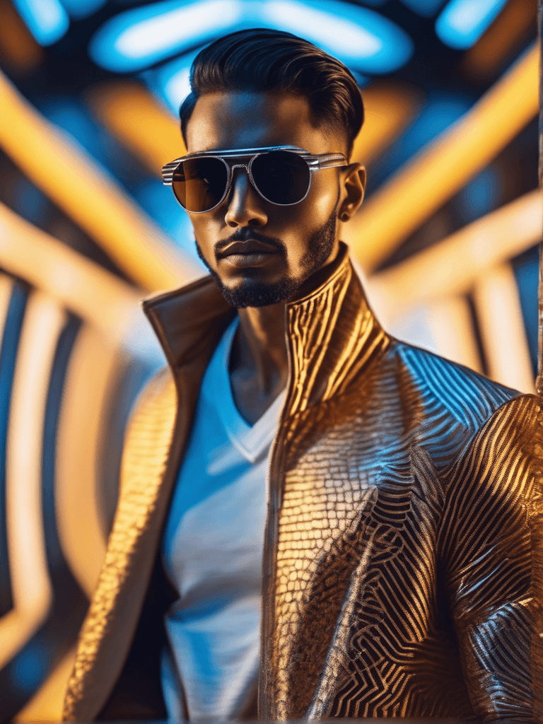 AI generated: a centered male model, fashion model, intricate background, futuristic designer outfit, award-winnin...