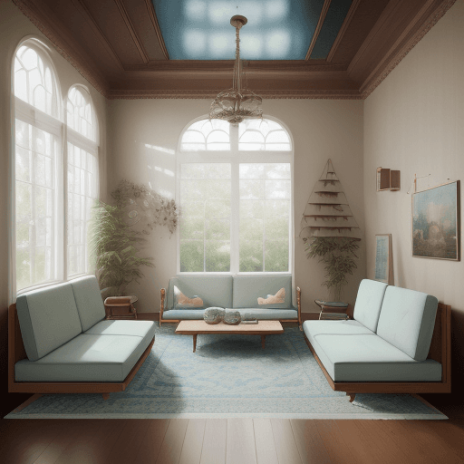 AI generated: High resolution photography interior design, dreamy sunken living room conversation pit, wooden floo...