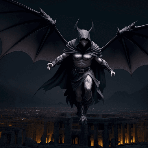 AI generated: A elderich monster  giant bat wings floating above a city, smash buildings in an ancient greek city ...