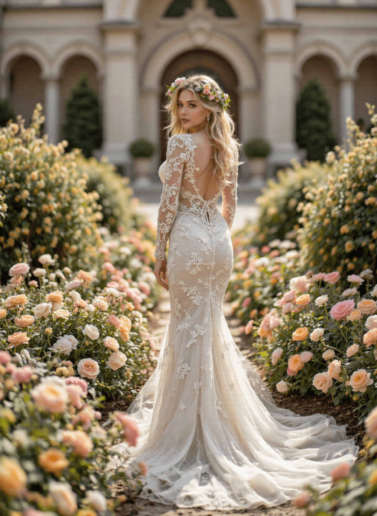 AI generated: The image depicts a beautiful shapely woman standing amidst an array of vibrant flowers. She is wear...