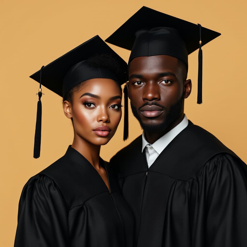 AI generated: fashion model shoot, of a black woman and black man with brown eyes wearing a black graduation gown,...