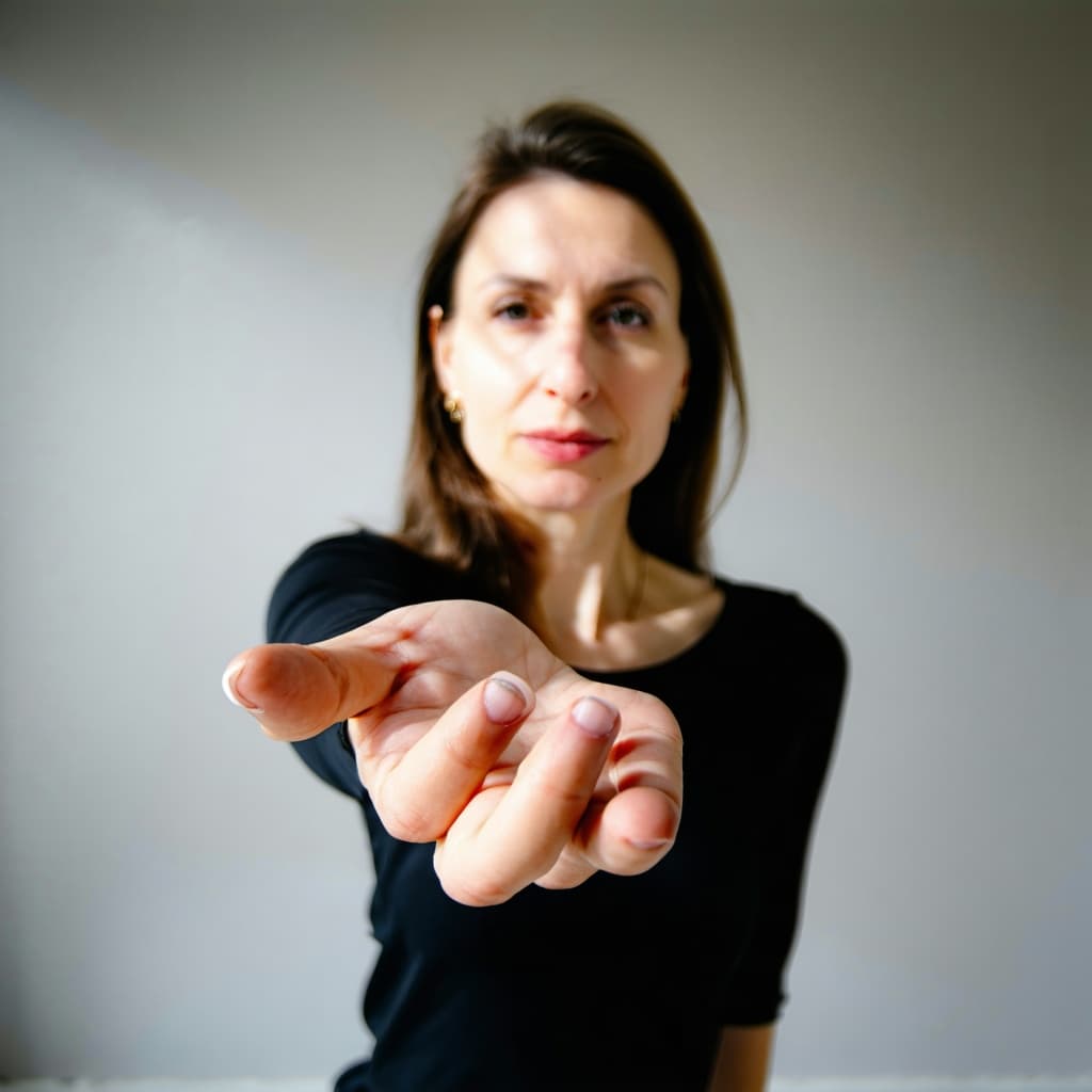 AI generated: A realistic photo of a woman standing with her hand open facing the camera, natural daylight, neutra...