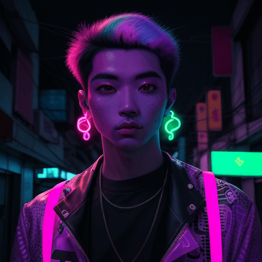 AI generated:  criação de um retrato de um homem em uma cidade neon, no estilo chinapunk. Ele está vestindo um top...