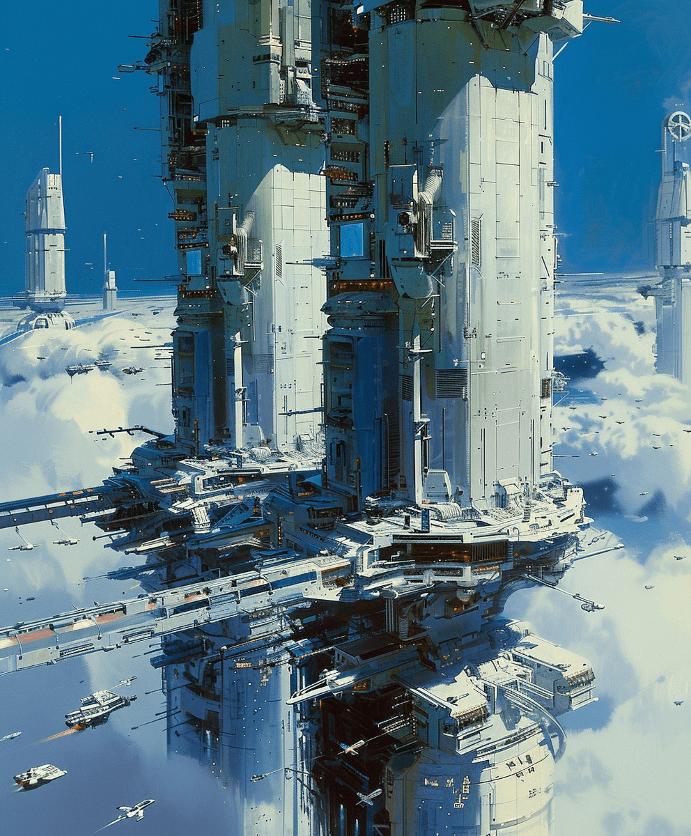 AI generated: 70s sci fi space station towers, blue sky, clouds, white and silver metallic surfaces, illustrated i...