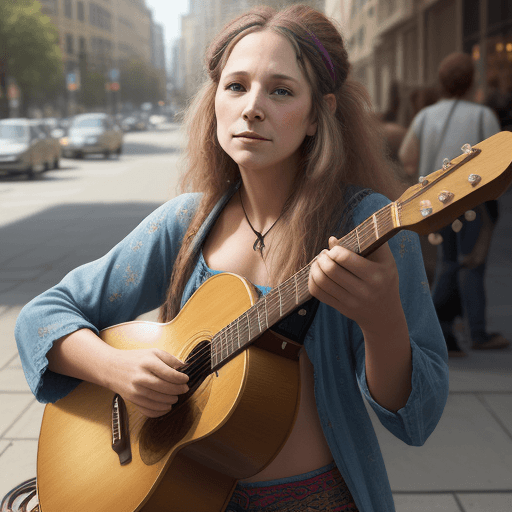 AI generated: A photograph of a beautiful female hippie busker, playing music in the street, realistic, 8k