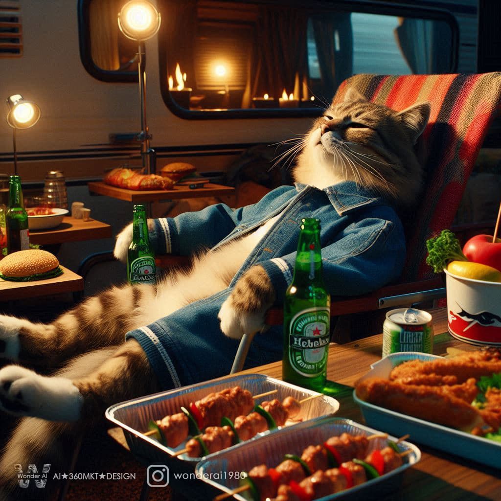 AI generated: Visually striking and dramatic scene, anthropomorphized real cats wearing casual style clothing, laz...