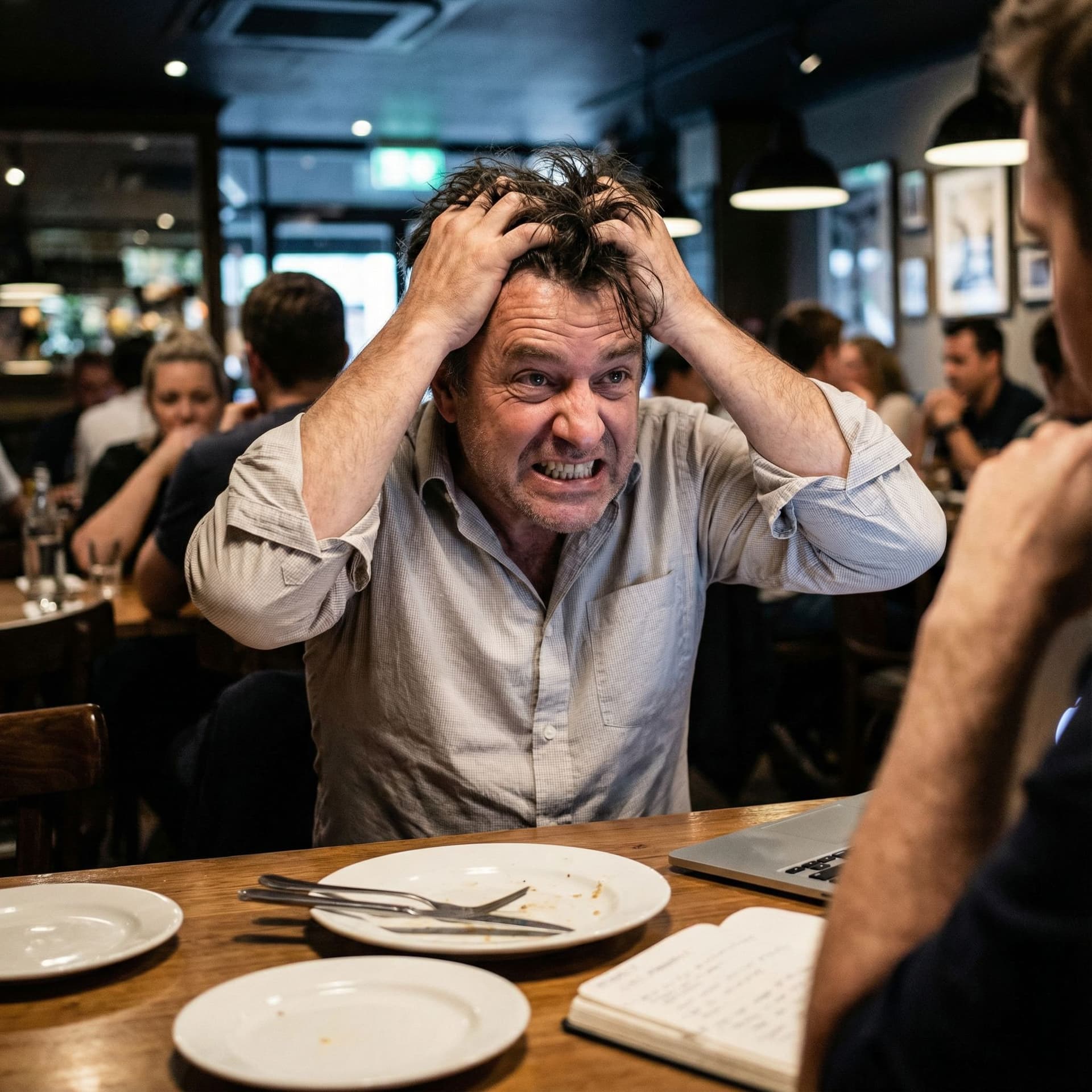 AI generated: good looking Business owner panicking with hands in hair in his restaurant and showing teeth, sittin...
