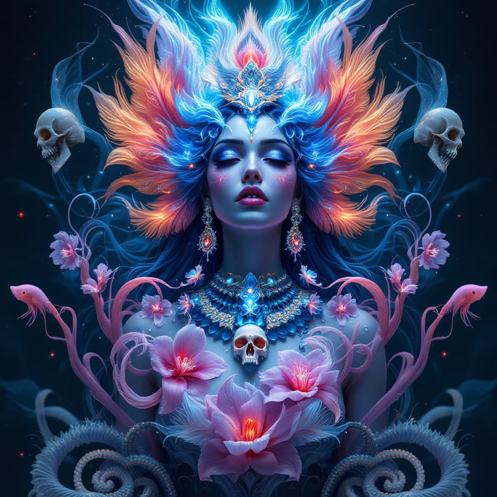 AI generated: Goddess  portrait parvati full erotic body. jellyfish phoenix head, nautilus, orchid, skull, betta f...