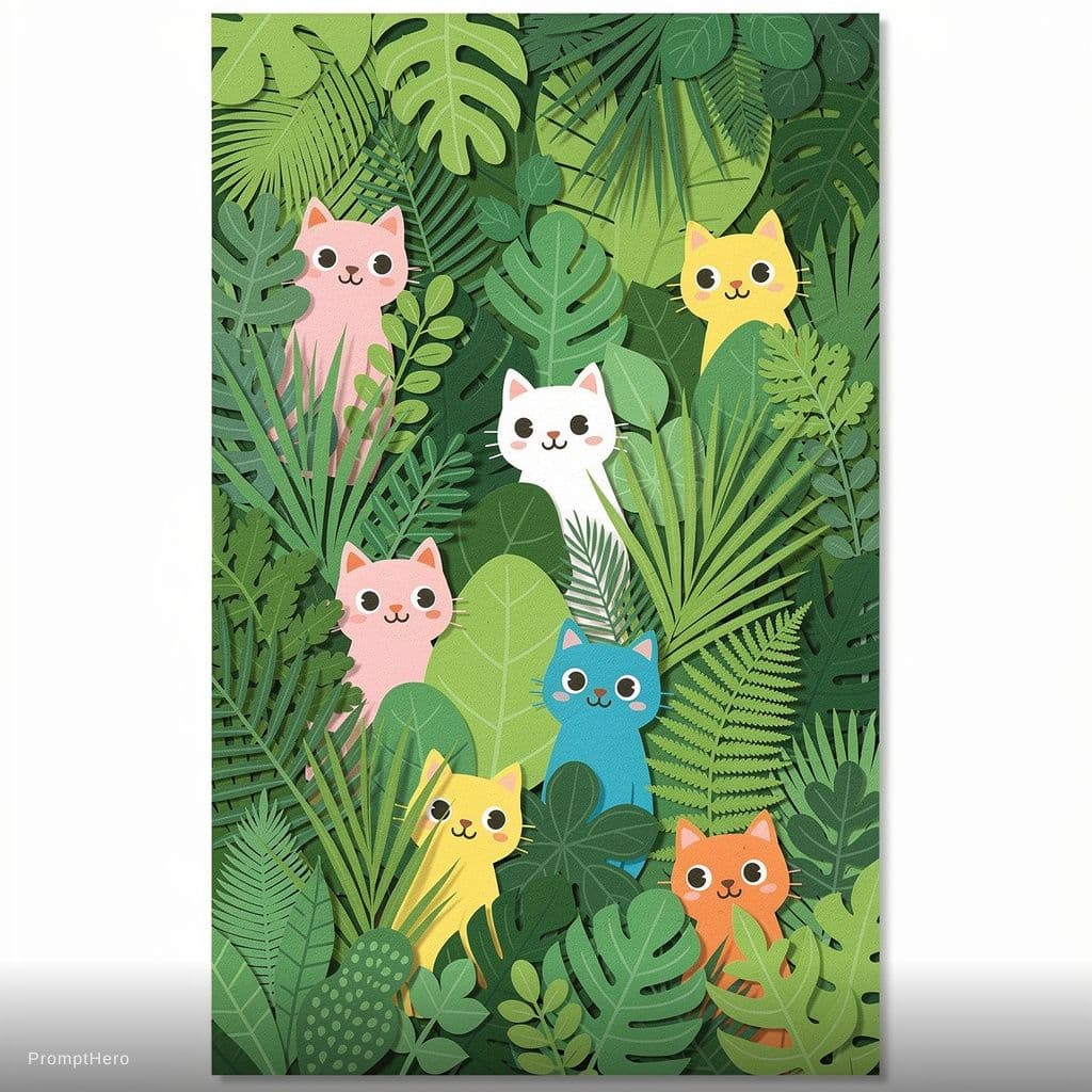 AI generated: A whimsical forest scene filled with colorful cat characters peeking out from behind an array of gre...
