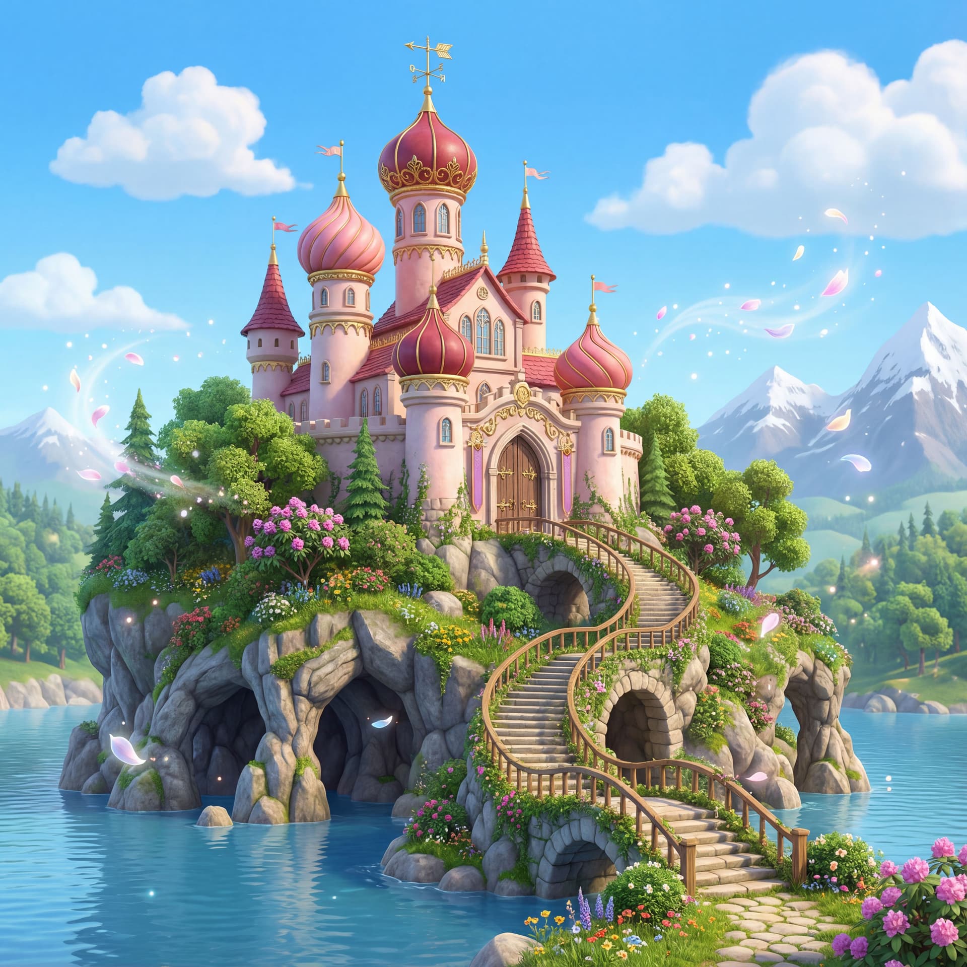 AI generated: A magical fairytale castle built on top of a rocky hill, surrounded by calm blue water. The castle f...
