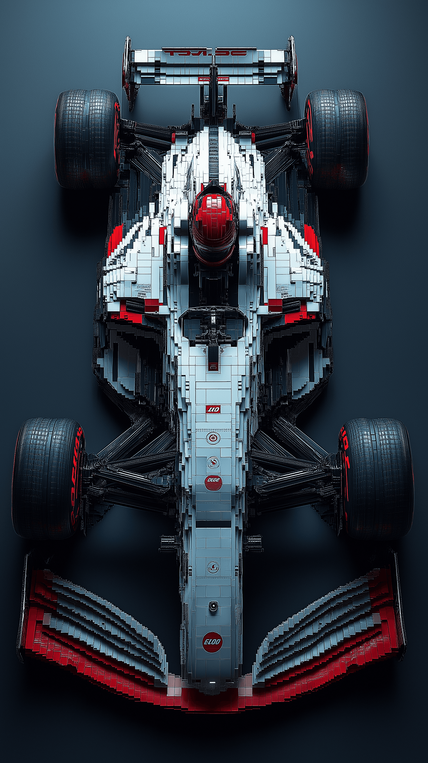 AI generated: photography, top view, lego creation art, F1 car, parts, real-scale, brick details, perfection compo...