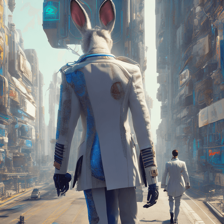 AI generated: anthropomorphic cyberpunk rabbit from behind| hyperrealism| intricate details| unreal engine| white ...