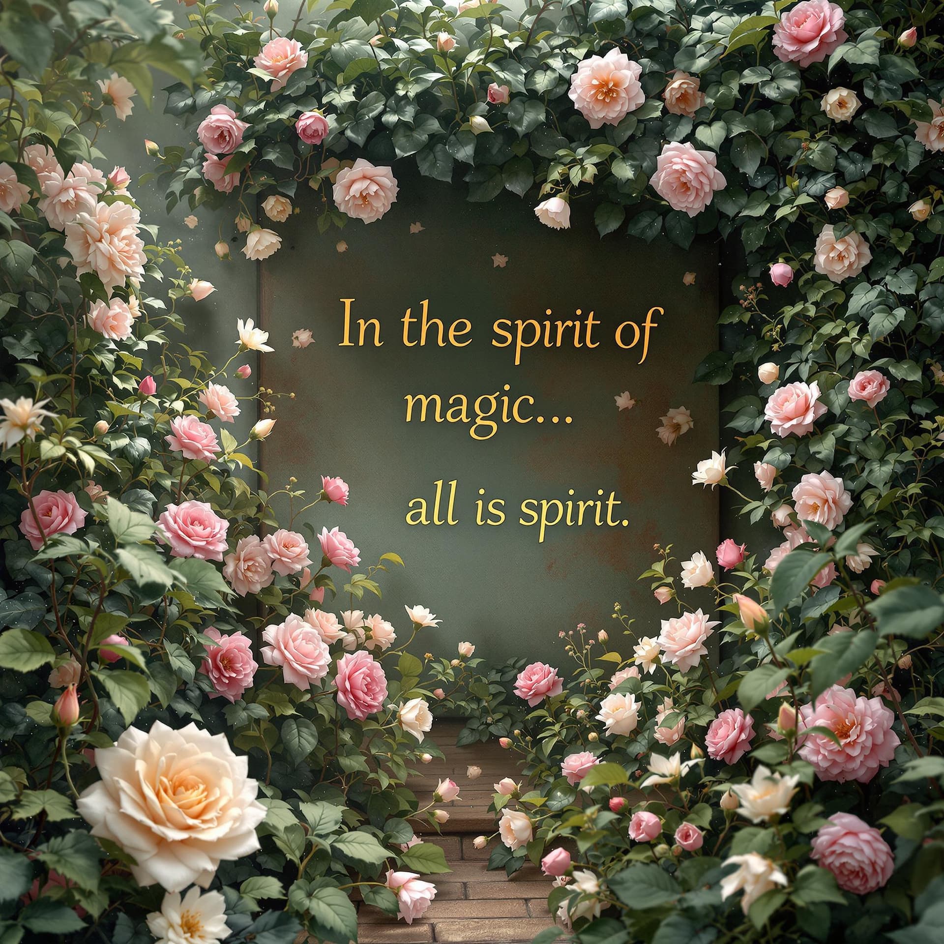 AI generated: 
 
Prompt 
In the spirit of magic, all is spirit. Set in a garden with English Ivy, roses and garden...