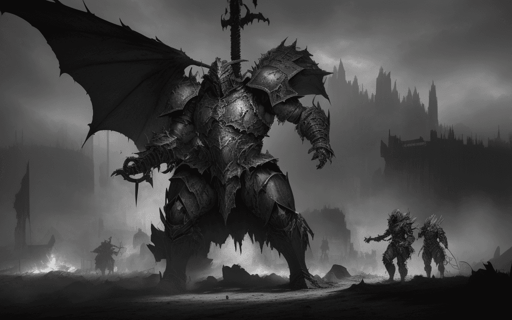 AI generated: a heavily armored Warhammer chaos warrior, by Thomas Cole and Wayne Barlowe, highly details, high co...