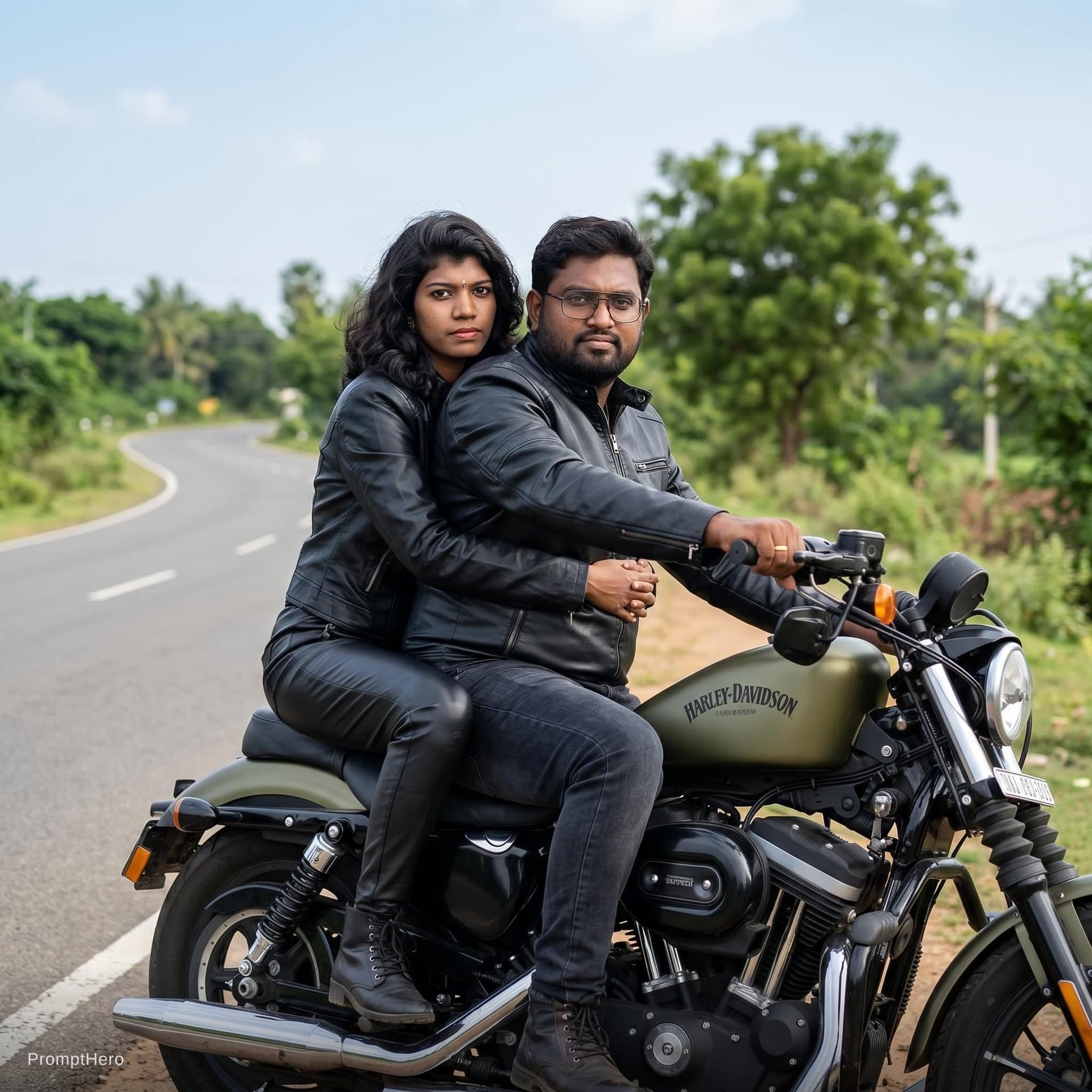AI generated: Pair these two people with this prompt.

"A lifestyle photograph, with a biker-chic and romantic aes...