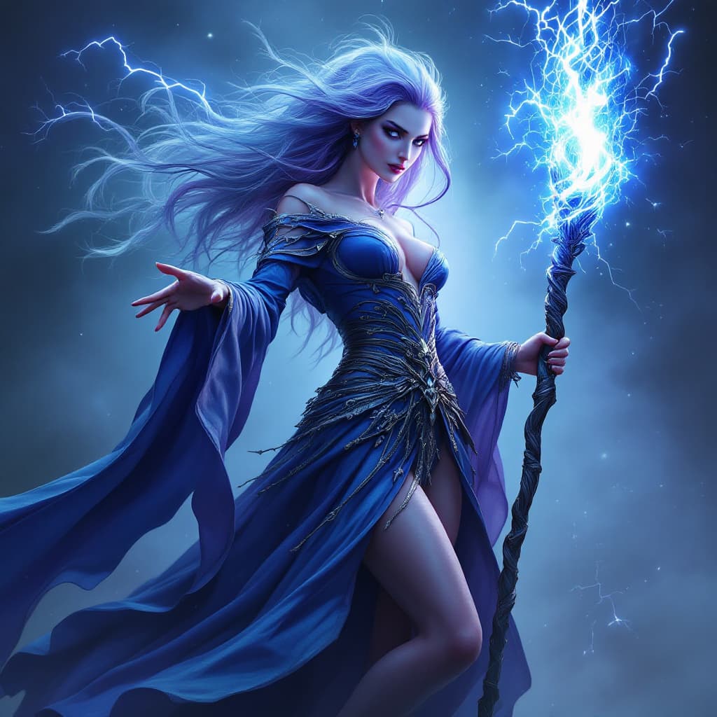 AI generated: Full body image of a beautiful grand sorceress with flowing blue and lavender hair wielding a twiste...