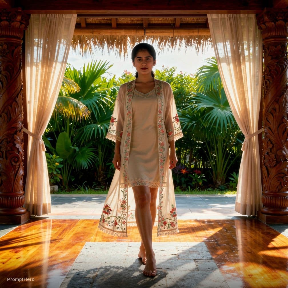 AI generated: Inside a sun drenched tropical resort pavilion of carved teak columns and wide open windows overlook...