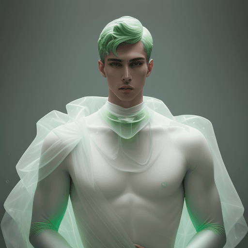 AI generated: well lit fashion shoot portrait of extremely handsome man marble statue wearing light green bubble o...