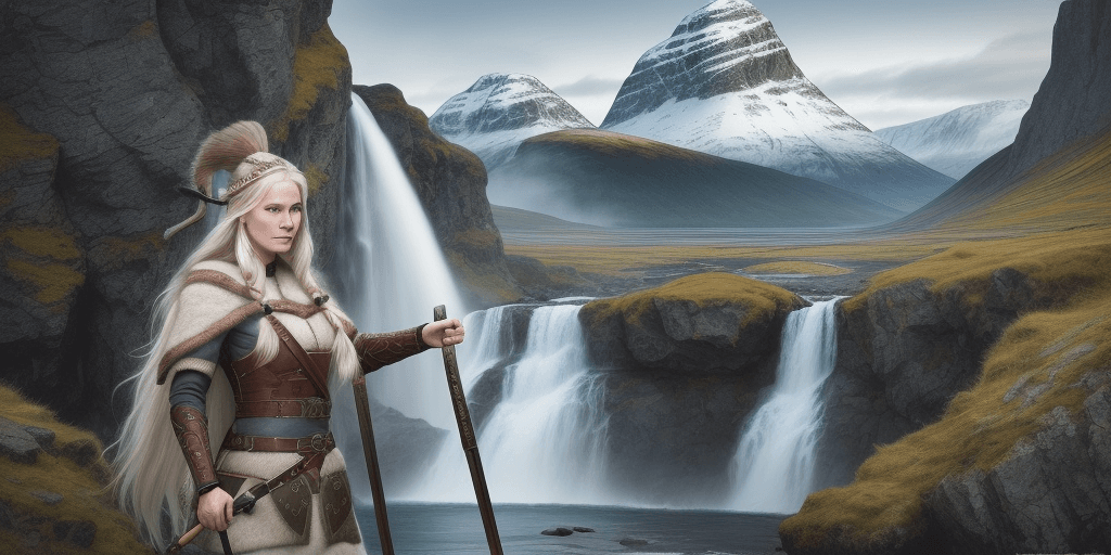 AI generated: beautiful nordic viking princess, she is in her homeland with beautiful mountains and waterfall