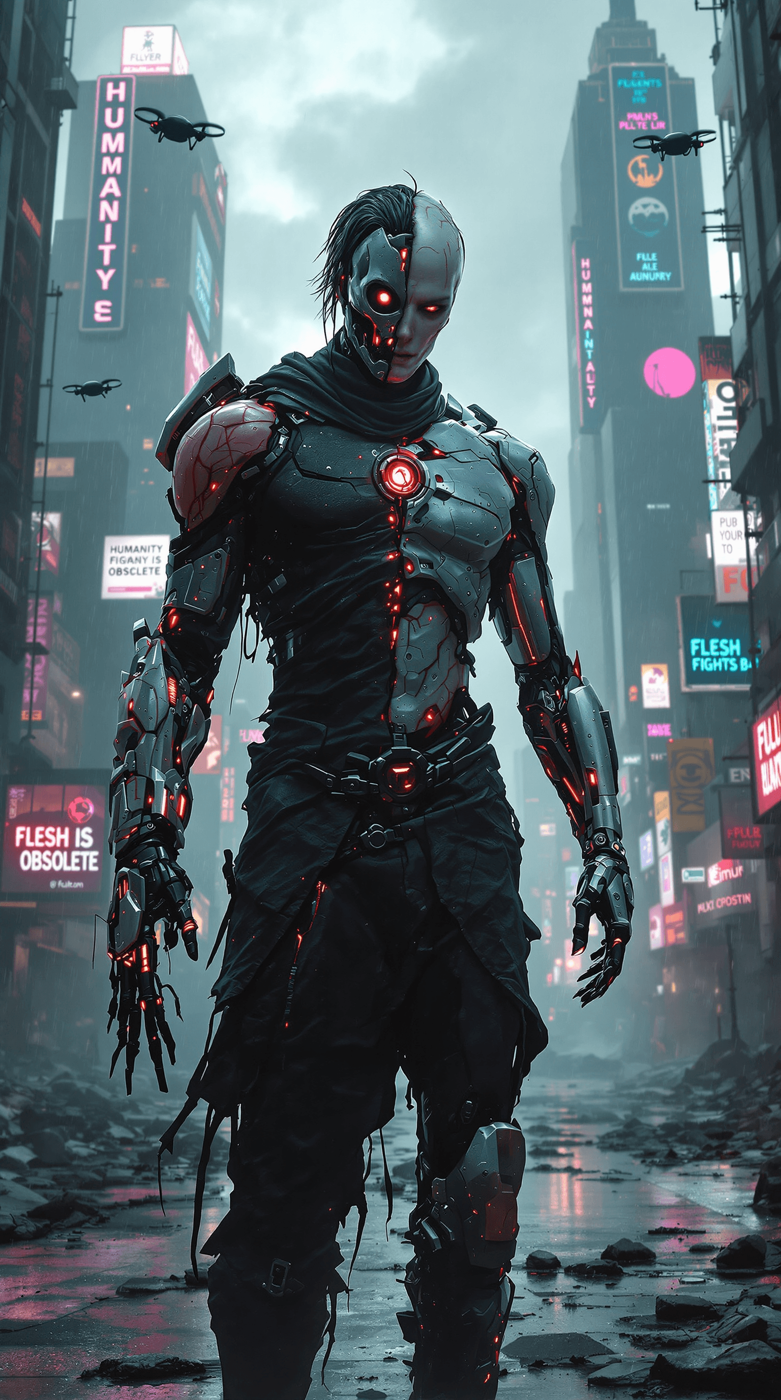 AI generated: A lone cybernetic human stands amidst the ruins of a fallen megacity, a haunting fusion of flesh and...