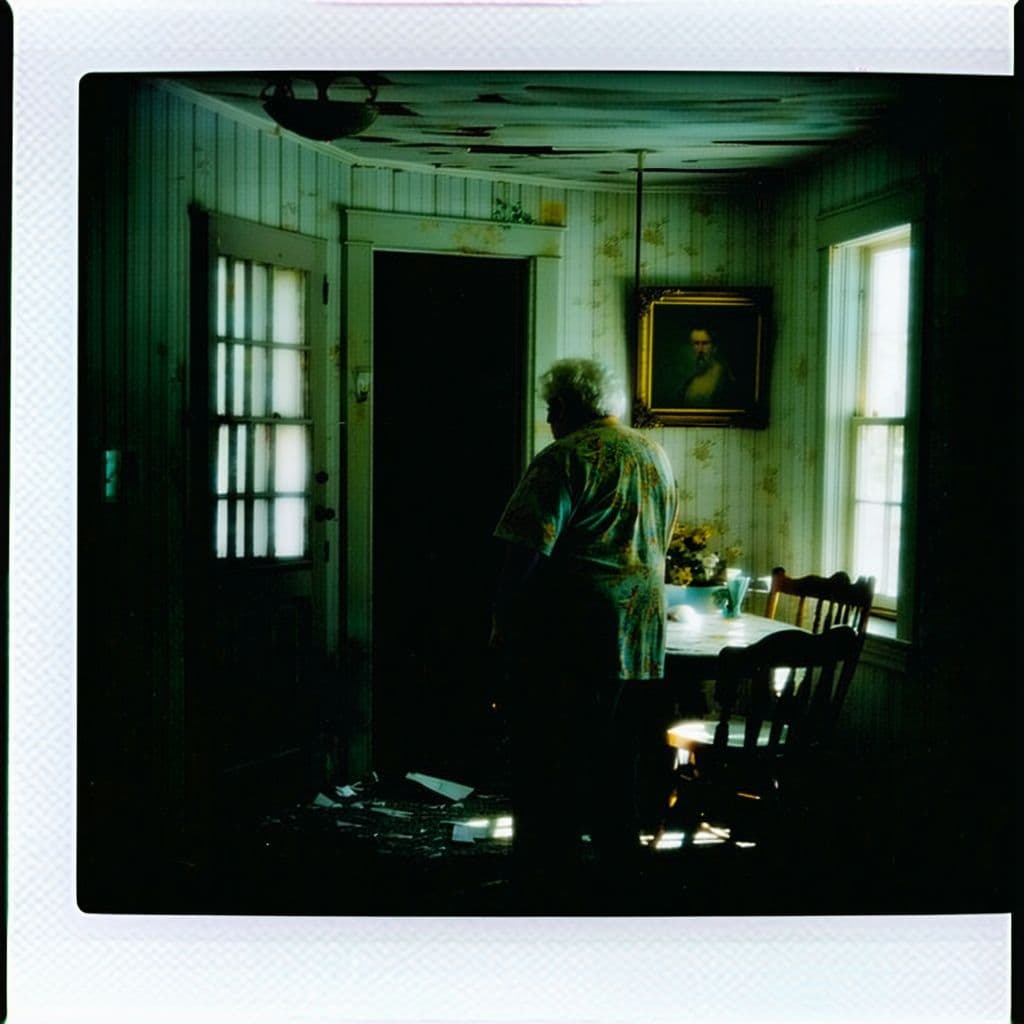 AI generated: grainy 80's photograph quality polaroid really creepy old people caught in an abandoned house, dark,...