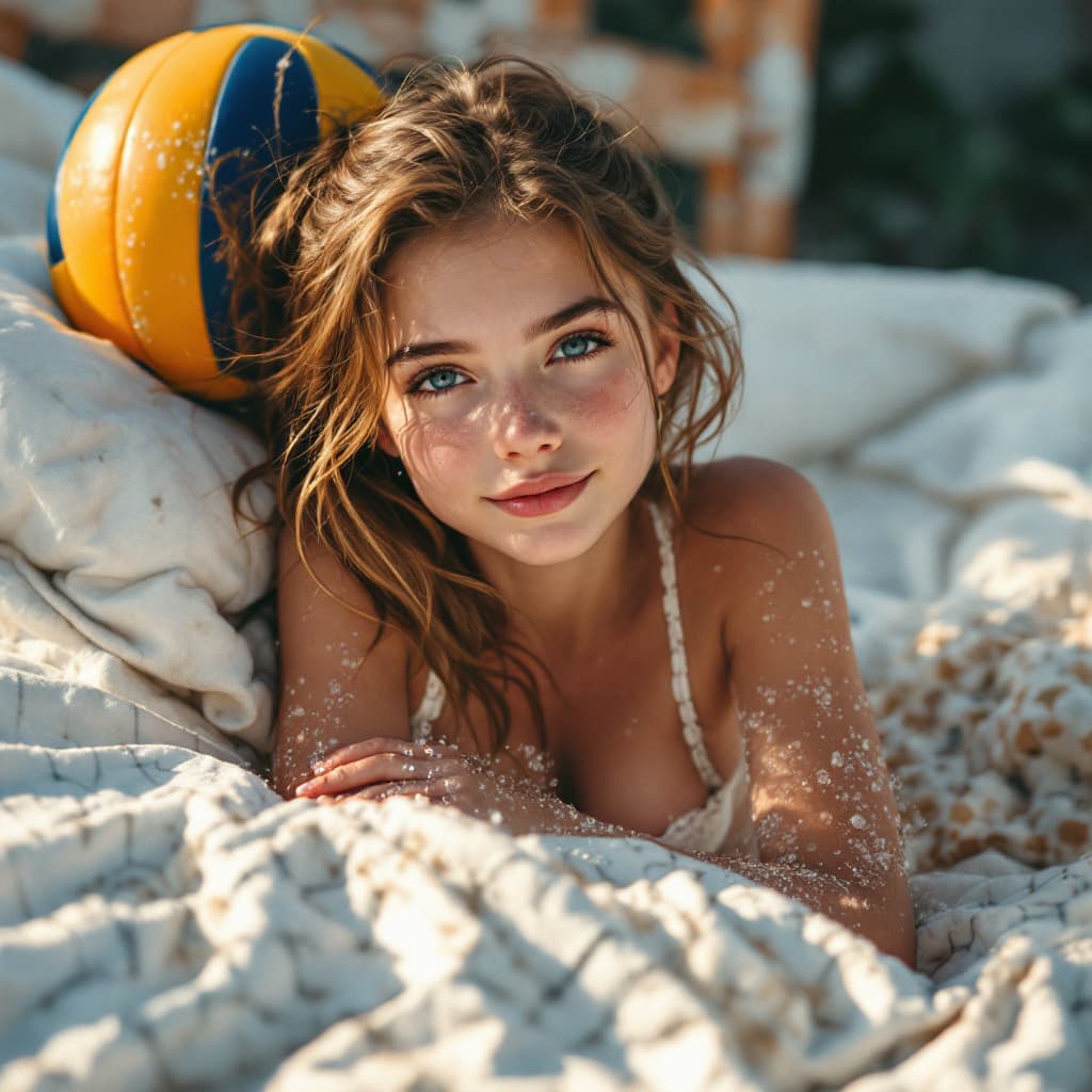 AI generated: russian girl playing beach voleyball, in her bed, innocent face
