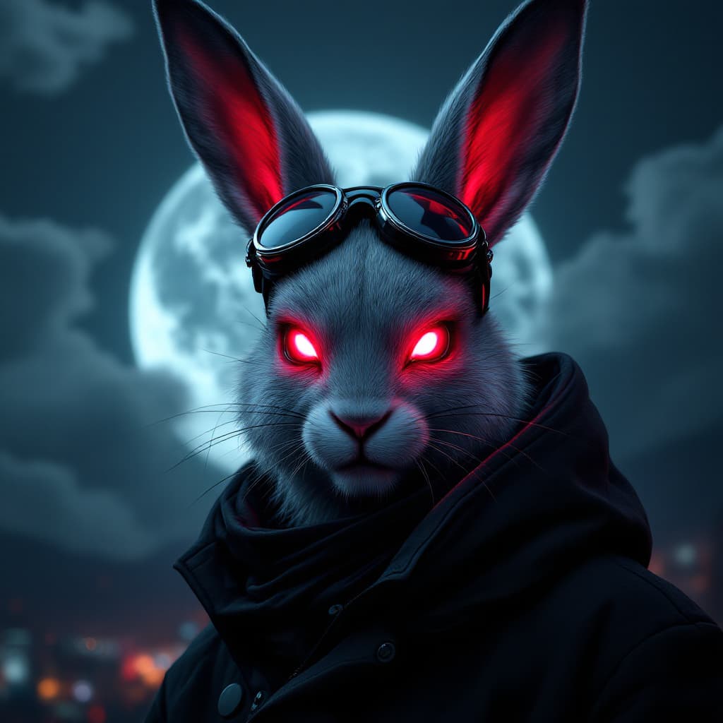 AI generated: an anthropomorphic rabbit with red eyes anda black mask, in the style of hyper-realistic portraiture...