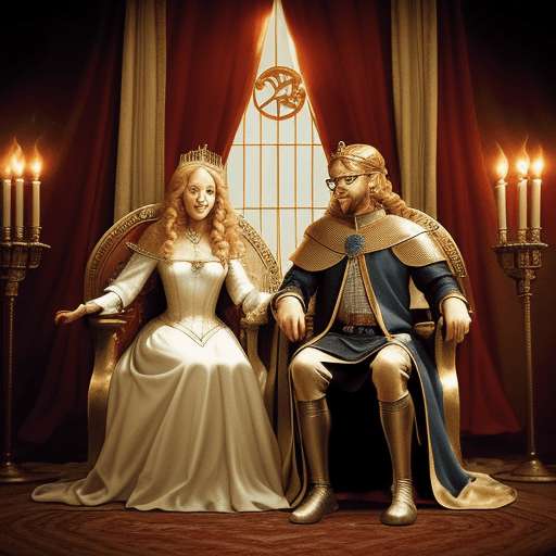AI generated: Middle Ages A king and queen on their throne, facing each other. The queen has curly blond hair and ...