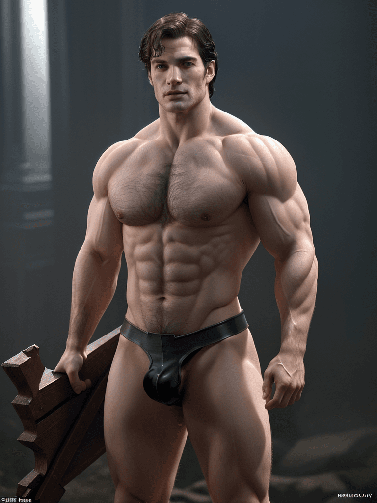 AI generated: Henry Cavill ((full nude frontal body)), big muscles and big butt, in his thirties, fully unclothed,...
