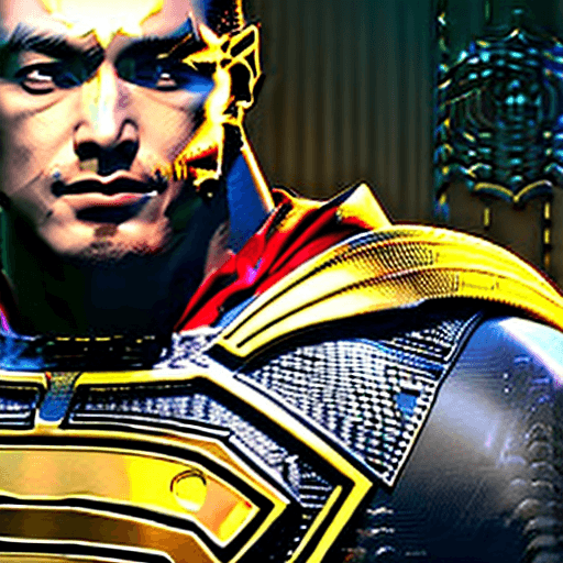 AI generated: octane render of cyberpunk Superman by Tsutomu nihei, chrome silk with intricate ornate weaved golde...