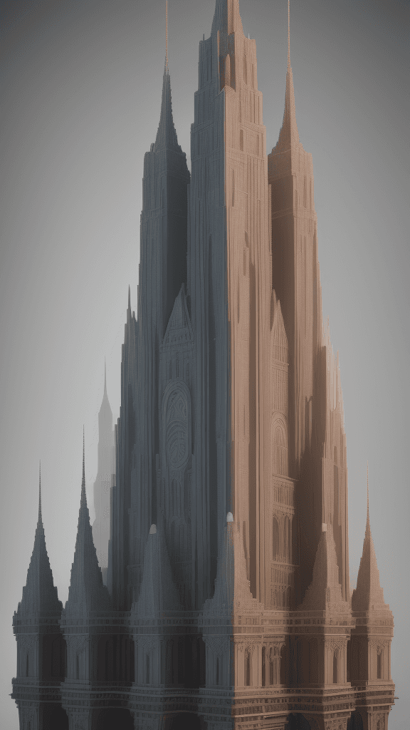 AI generated: "Craft a captivating 3D architectural masterpiece, focusing on a single towering structure that domi...