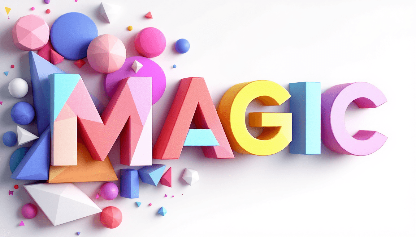 AI generated: Create a 3D geometric design featuring the name 'MAGIC' using triangles, circles, and rectangles. Th...