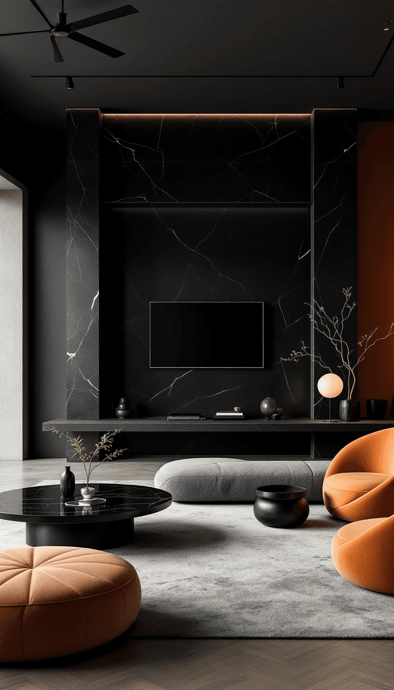 AI generated: a black living room with black marble walls and round tables, in the style of earthy naturalism, bol...