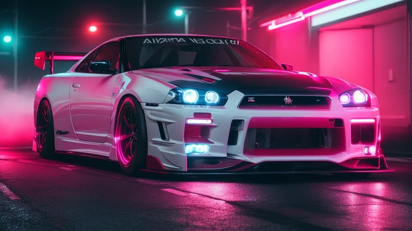 AI generated: white Nissan Skyline GTR-34 with neon light accents, cinematic view, pinkish red headlights, and ult...