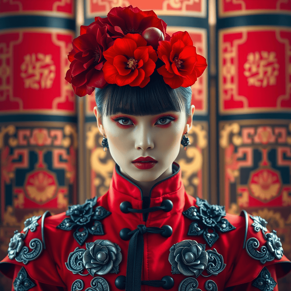 AI generated: This is a highly stylized, high-fashion photograph featuring an East Asian woman with a striking, dr...