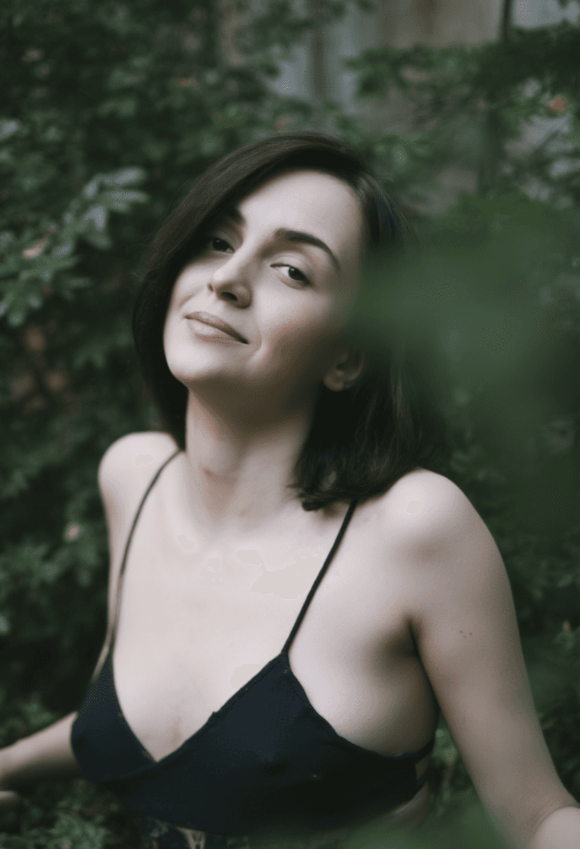 AI generated: "Create a photorealistic image of a fit adult woman with dark hair, wearing a black strappy top, sit...