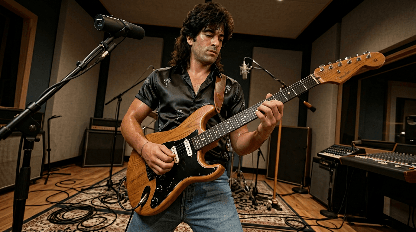 AI generated: Rock guitar player wearing a black, satin hawaiian style shirt sleeved shirt, with light grey palm t...