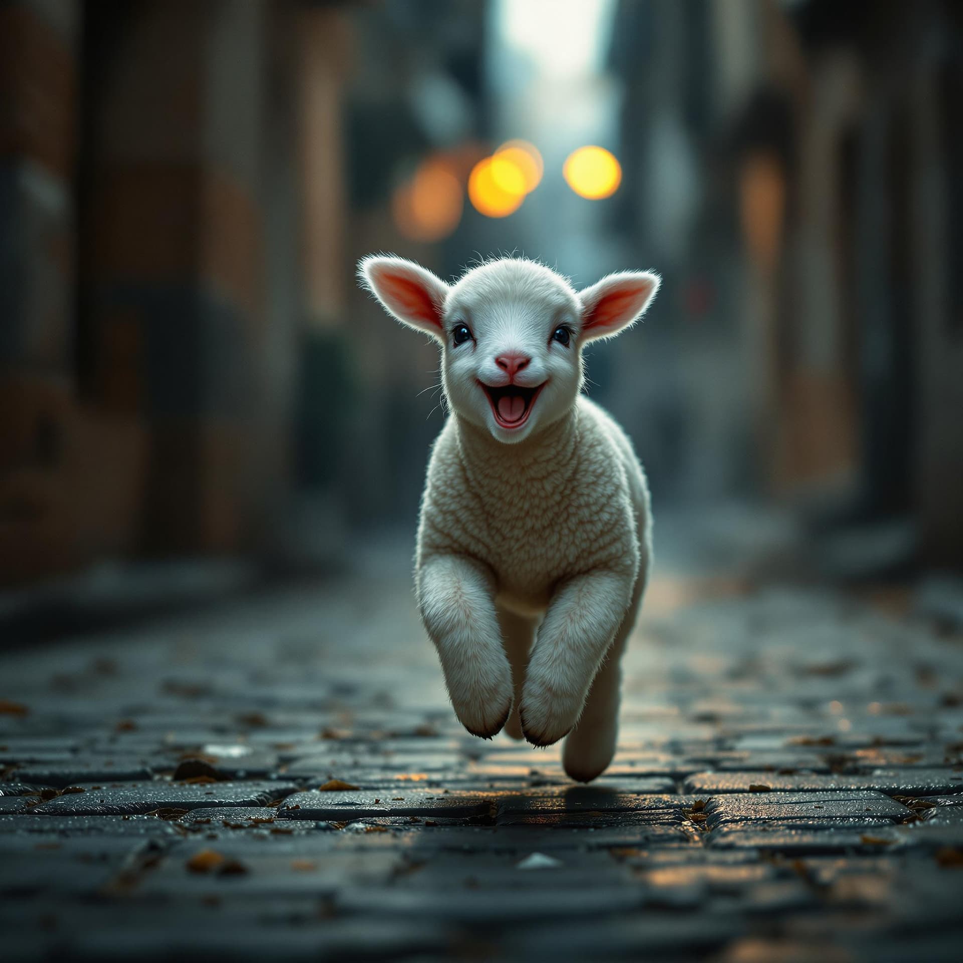 AI generated: a baby lamb running and laughing, streets of jerusalem, dark lights, cinematic, hyper realistic, det...