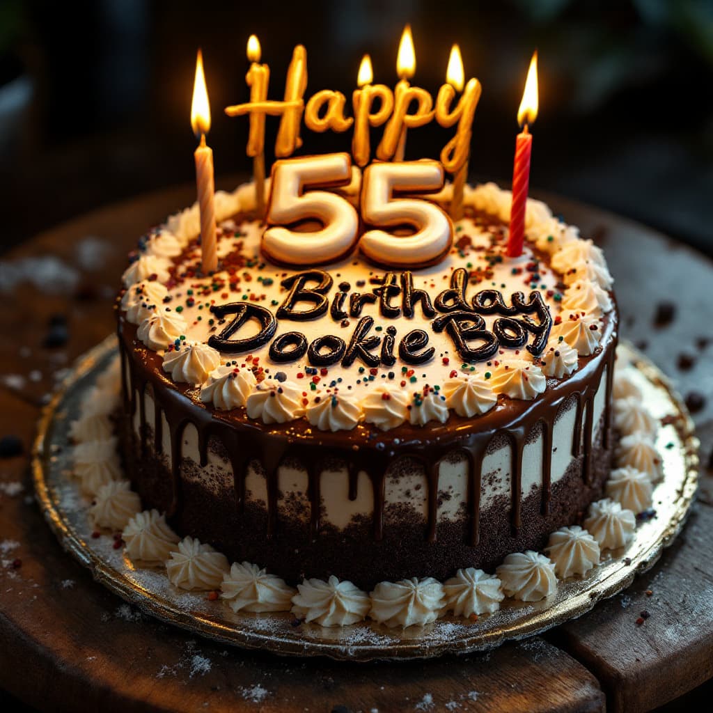 AI generated: hyper realism, high detail, cake, that says happy 55 birthday Dookie Boy on the icing, whole cake,
