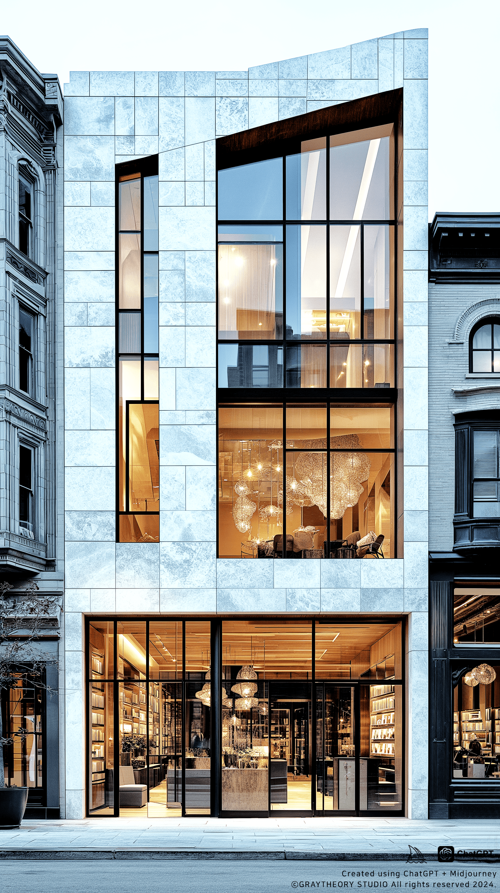 AI generated: Modern retail facade, geometric design, Leica SL2, 16-35mm wide-angle lens capturing the contrast of...