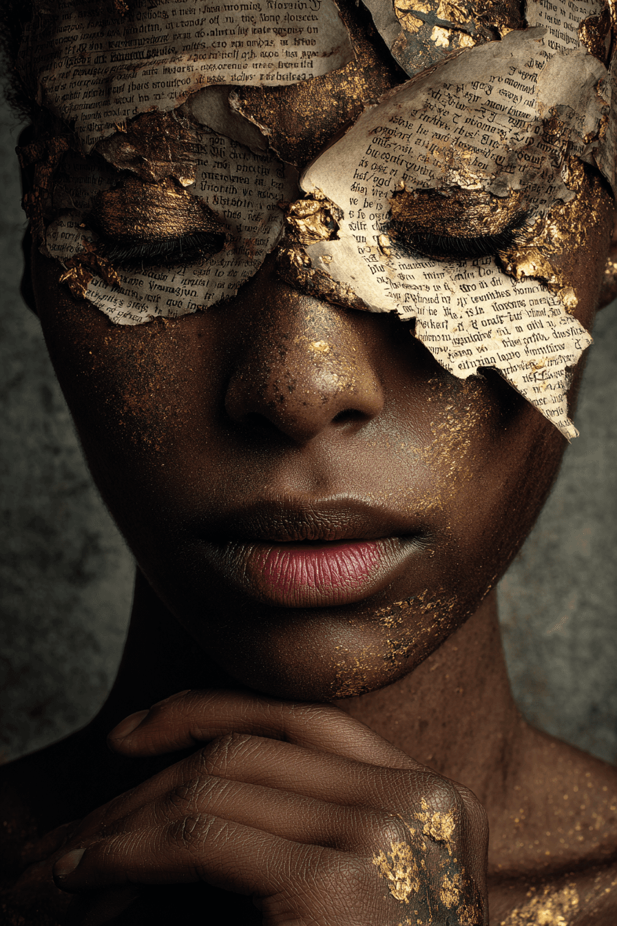 AI generated: Dark-skinned woman, mid-20s, close-up portrait,  with a thoughtful and contemplative expression.  He...