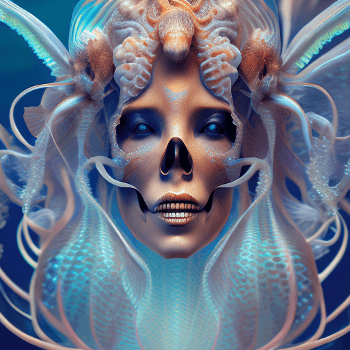 AI generated: Goddess close-up portrait ribcagel. jellyfish phoenix head, nautilus, orchid, skull, betta fish, bio...