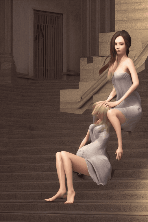 AI generated: A very pretty lady sitting on a set of stairs with a baby dragon beside her, hyperrealism, photoreal...