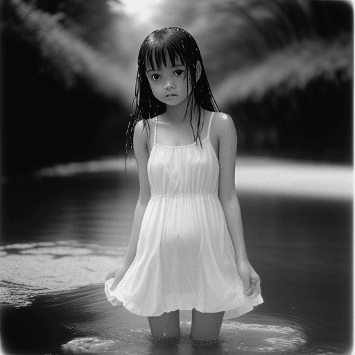 AI generated: Photo of a cute girl emerging from the river, wet white micro dress, wet hair, daytime, deep photogr...