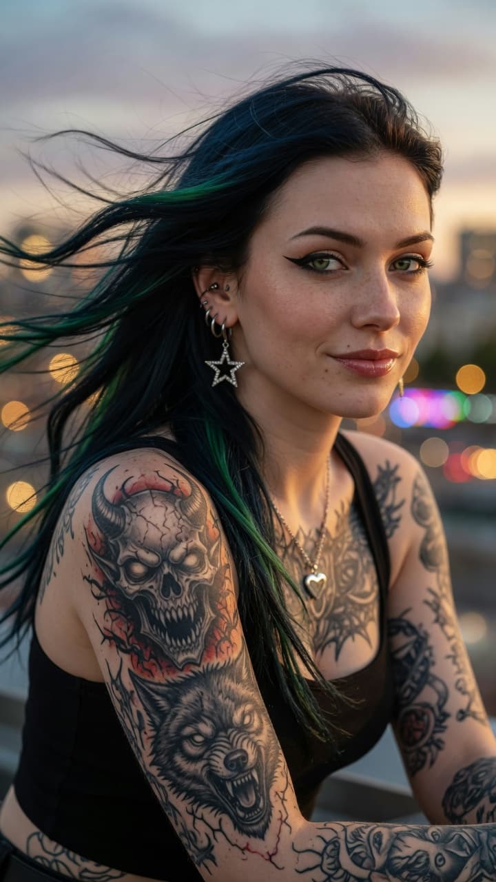 AI generated: Ultra-realistic photography of a beautiful young woman with striking green eyes, sharp eyeliner, and...